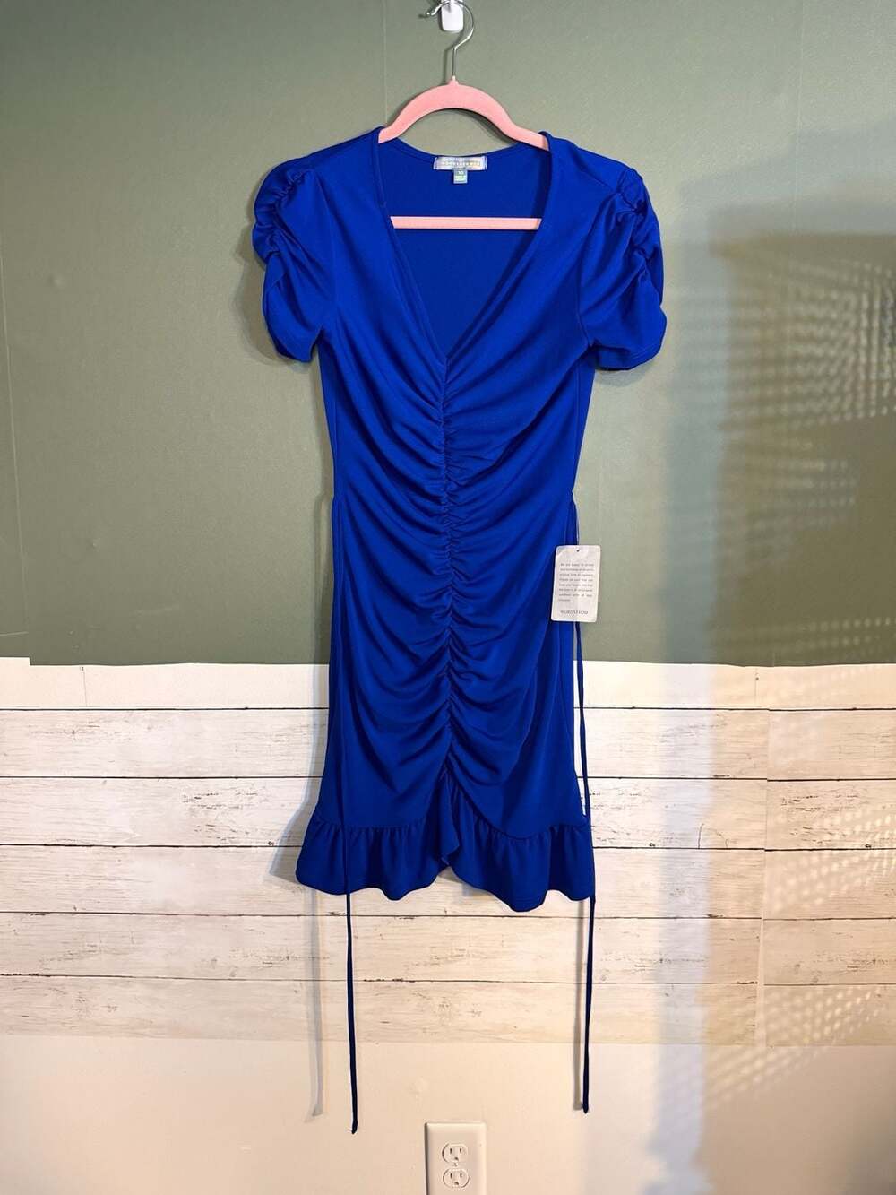 Good Luck‎ Gem Ruched Front Ruffle Hem Bodycon Dress in Royal Blue